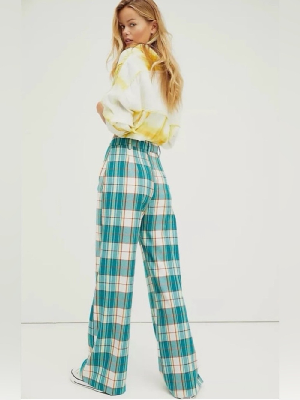 Free People Teal Plaid Wide Leg Pants - Picture 2 of 10